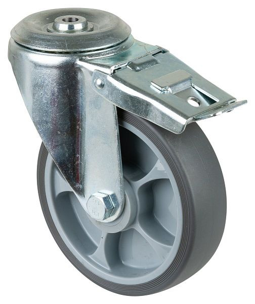 Roulette de transport pivotante à roulettes BS avec frein, roue en caoutchouc thermoplastique gris, roulement à rouleaux, diamètre : 160 mm, pack : 2 pièces, L121.B44.161