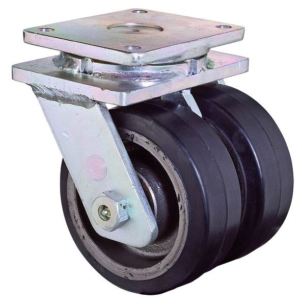 Rouleaux BS doubles charges lourdes, largeur de roue 2x75 mm, roue Ø 200 mm, capacité de charge 1100 kg, pneus élastiques noirs, corps de roue en fonte, roulements à billes, S100.B81.200