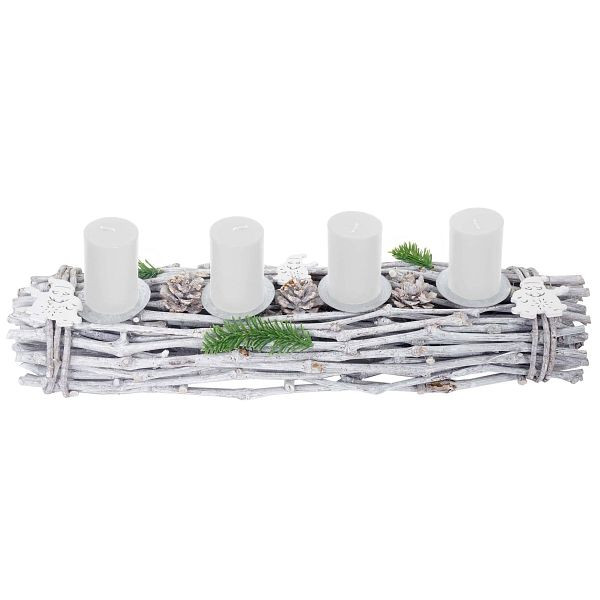 Couronne de l'Avent Mendler allongée, décoration de Noël Arrangement de l'Avent, bois 60x16x9cm blanc-gris, avec bougies, blanc, 56668