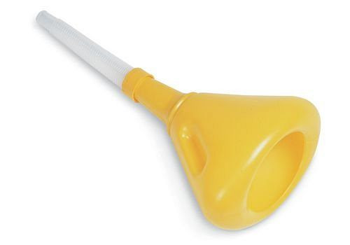 Entonnoir en plastique DENIOS avec bec flexible, vissable, Ø 230 mm, jaune, 117-259