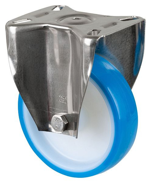 Rouleau de transport BS rollers inox, rouleau fixe, largeur 40 mm, Ø150 mm, jusqu'à 200 kg, polyuréthane bleu, corps de roue plastique, palier lisse, platine, H110.B32.150