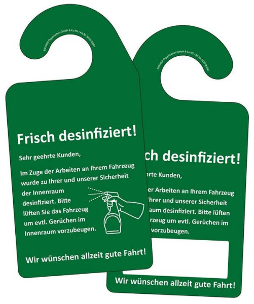 Étiquette Eichner pour rétroviseurs de voiture "Fraîchement désinfecté!", vert, paquet de 100 pièces, 9220-00091
