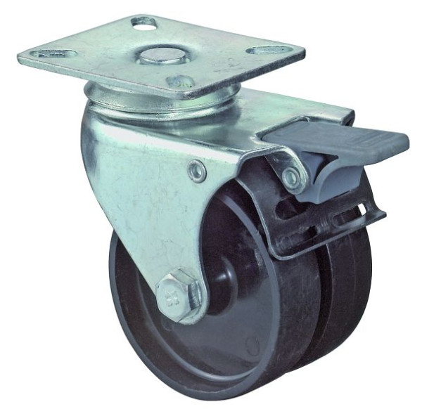 Appareil à rouleaux BS double rouleau avec frein, B2x23 mm, Ø75 mm, jusqu'à 100 kg, surface en plastique noir, palier lisse, lot de 4, B120.A90.076