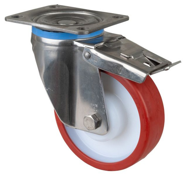 Roulettes BS Roulette robuste en acier inoxydable avec frein, B45 mm, Ø150 mm, jusqu'à 450 kg, surface polyuréthane rouge, roulement à rouleaux, HS120.B28.151