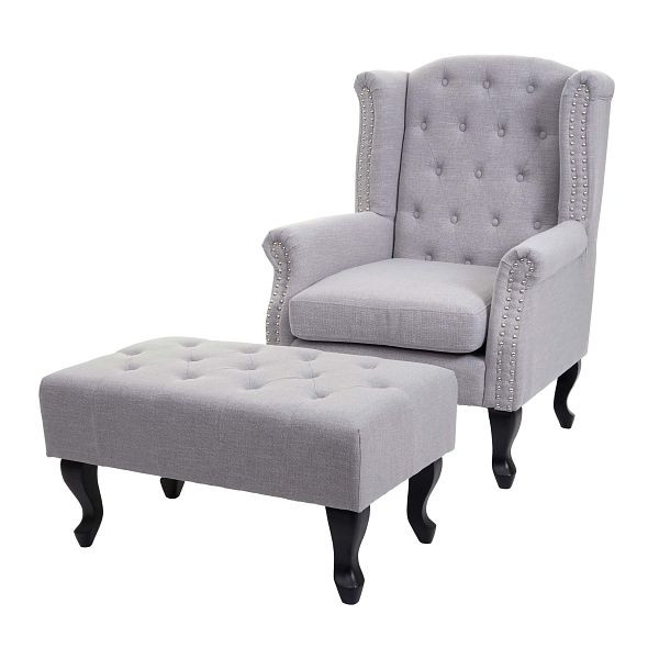 Fauteuil Mendler Chesterfield, chaise longue, fauteuil club, fauteuil à oreilles, tissu/textile hydrofuge, gris avec pouf, 69725+69726+69727