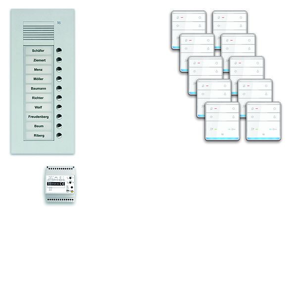 Système de commande de porte audio TCS : pack UP pour 10 unités d'habitation, avec poste extérieur PUK 10 boutons de sonnerie, 10x haut-parleur mains libres ISW5010, commande, PPUF10-EN / 01