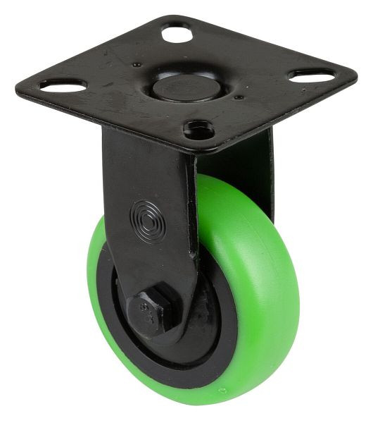 Roulettes BS Roulette fixe noire, roue en caoutchouc thermoplastique verte, jante noire, roulement à billes, plaque, diamètre : 50 mm, pack : 8 pièces, A810.A85.050.04