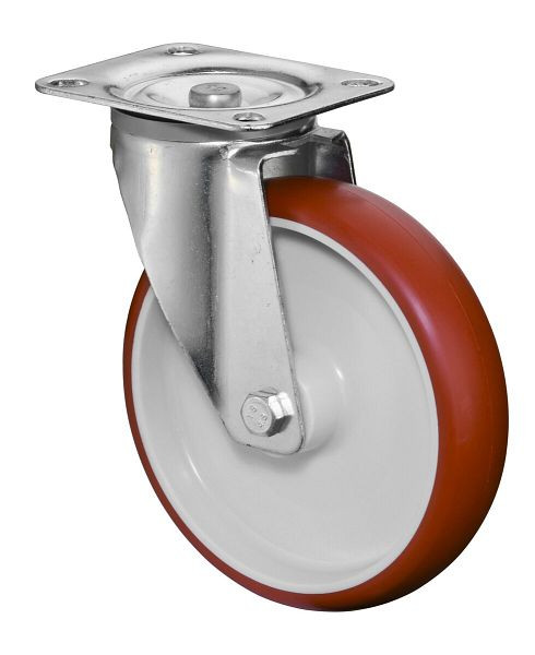 Rouleau de transport BS rollers, largeur de roue 32 mm, Ø roue 125 mm, capacité de charge 150 kg, polyuréthane rouge, roulement à rouleaux, plaque, lot de 2, L400.B31.125