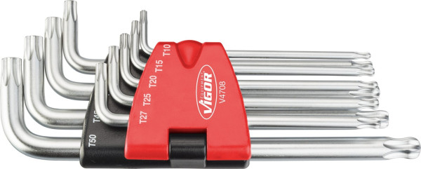 Jeu de tournevis coudés TORX VIGOR, profil TORX interne, T10, T15, T20, T25, T27, T30, T40, T45, T50, nombre d'outils : 9, V4708