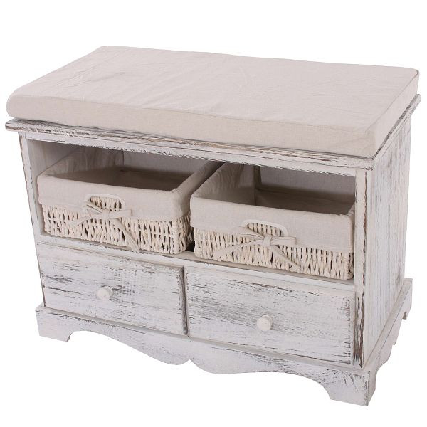 Commode Mendler avec 2 paniers 42x62x33cm, aspect shabby, vintage, blanc, 30440