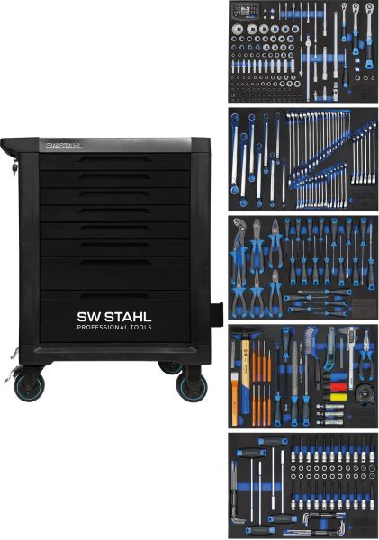 Chariot d'atelier professionnel SW-Stahl TT801, noir, équipé, 341 pièces, Z3111