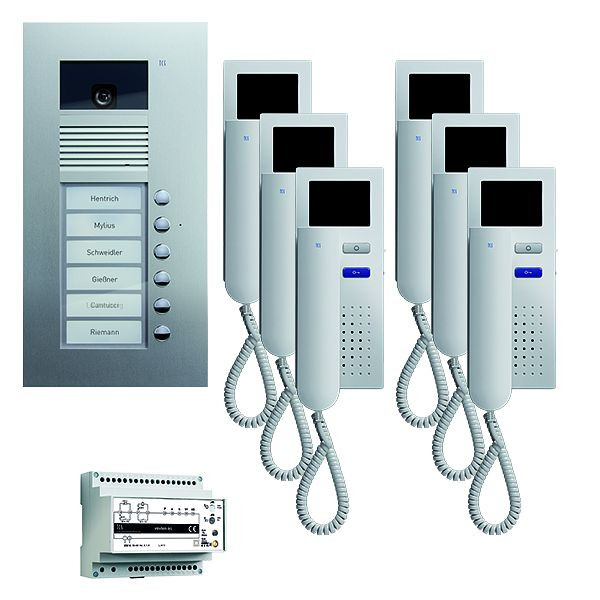 Vidéo de commande de porte TCS : pack UP pour 6 logements, avec platine de rue AVU 6 boutons de sonnerie, 6x visiophone IVH3222, commande, PVU1660-0010