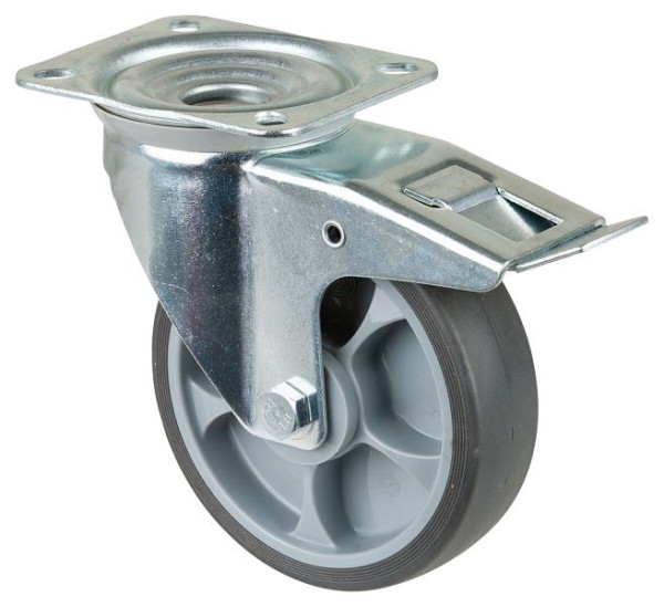 Rouleau de transport BS rollers avec frein, largeur 45 mm, Ø160 mm, jusqu'à 200 kg, plastique, roulement à rouleaux, plaque, lot de 2, L420.B44.161