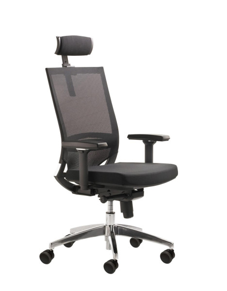 Chaise pivotante Mayer Sitzmöbel , assise rembourrée en tissu et dossier en résille noire, appui-tête réglable en hauteur et en inclinaison, 2486_ROG