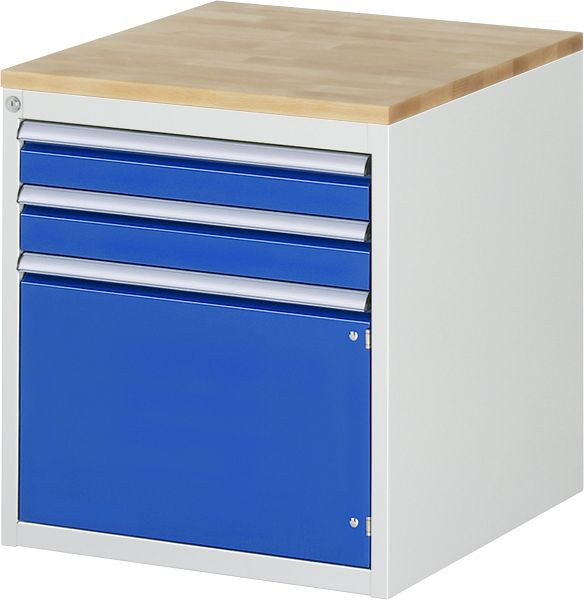 Armoire à tiroirs RAU série 7000, L580xP650xH645mm, tiroirs : 2xH90mm, 1 x porte battante taille L 1xH360mm, plan de travail en hêtre massif, 03-L3.5AR-B.11