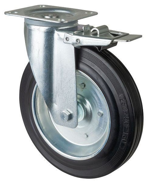 Rouleau de transport BS rollers avec frein, largeur 50 mm, Ø250 mm, jusqu'à 250 kg, caoutchouc noir, corps de roue jante en acier, roulement à rouleaux, platine, L420.B55.250