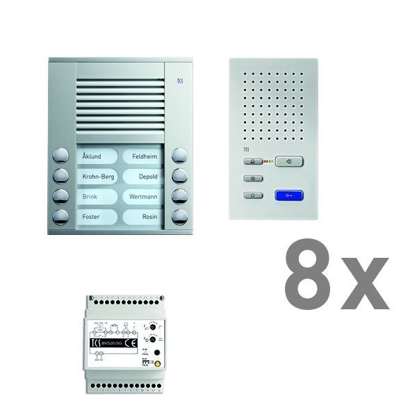Système de commande de porte audio TCS : pack AP pour 8 unités résidentielles, avec poste extérieur PES 8 boutons de sonnerie, 8x haut-parleur mains libres ISW3030, unité de contrôle BVS20, PAAF082 / 002