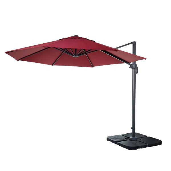 Mendler gastronomy parapluie feu tricolore HWC-A96, parasol, rond Ø 3m polyester aluminium/acier 23kg, bordeaux avec support, 138537+31831