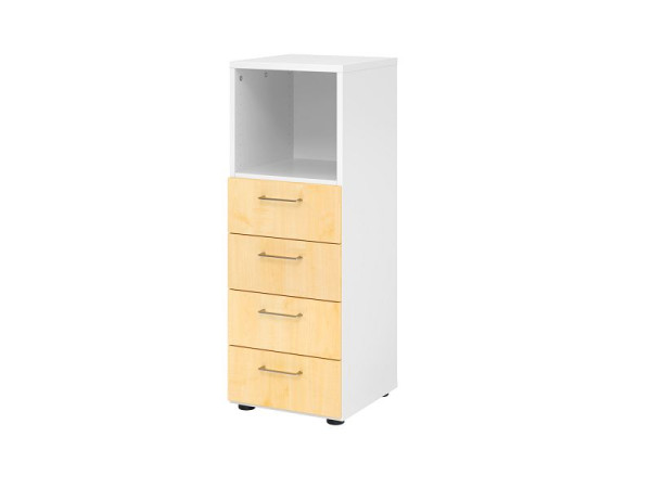 Armoire à tiroirs Hammerbacher 3OH, 4 tiroirs 934S4 BS, corps : blanc / façade : érable, 40x41,7x110 cm (LxPxH), 4 tiroirs, poignée en métal BS, V934S4/W/3/BS