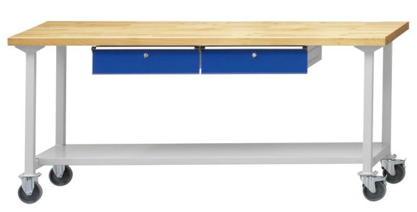 Table de travail ANKE; mobile; 2000x700 mm; RAL 7035/5010; 2xHängeschublade; 1x étagère de rangement en tôle d'acier de 500 mm de profondeur