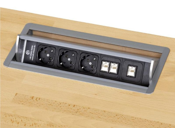 ANKE Media Box rétractable dans le plan de travail; avec 2x connexion réseau; Câble 3 broches 3500 mm gris avec connecteur RJ 45; 3 prises Schuko, 900.390