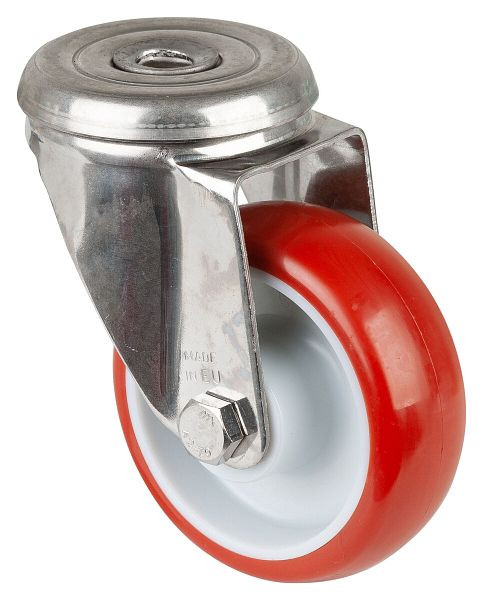 Rouleau de transport en acier inoxydable BS rollers, largeur 28 mm, Ø80 mm, jusqu'à 100 kg, bande de roulement polyuréthane rouge, corps de roue en plastique, palier lisse, H101.B26.080