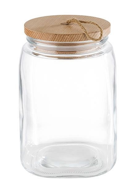 Pot de conservation APS -WOODY-, 14 x 14 cm, hauteur : 21,5 cm, verre, bois de pin, silicone, 2,5 litres, avec couvercle en bois, 82257