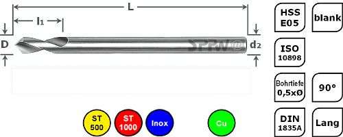 Foret à points NC SPPW HSS-E05 90° ISO long L : 170x30 - Ø12, 1233901200