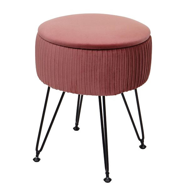 Tabouret Mendler HWC-K47, tabouret avec compartiment de rangement, Ø 33cm, aspect velours, rose, cadre noir, 94405