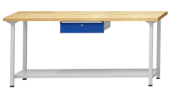 Table de travail ANKE; 2000x800 mm; RAL 7035/5010; 1xHängeschublade; 1x étagère de rangement en tôle d'acier de 600 mm de profondeur