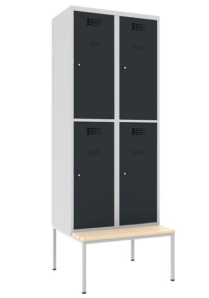 Armoire vestiaire KEMMLIT 2 compartiments et 4 portes 30cm avec banc, gris anthracite 7016, loquet tournant, 100291
