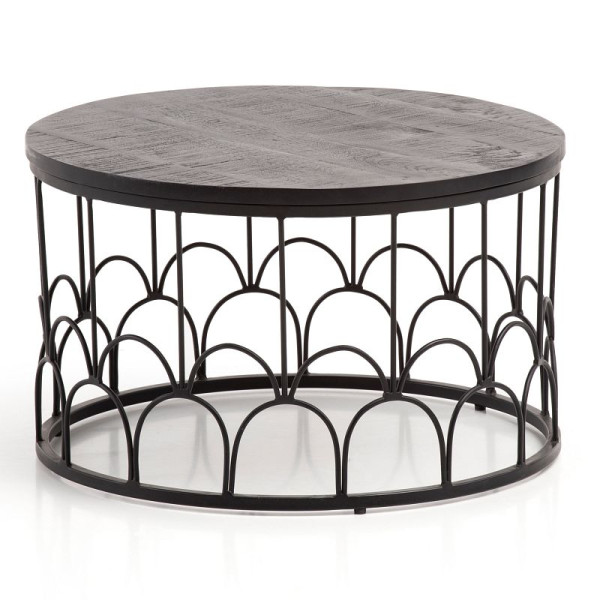 Wohnling Table Basse 60x60x36 cm Bois Massif de Manguier/Métal Noir Table de Canapé Ronde, Table de Salon Design Industriel, avec Structure en Métal, WL6.800