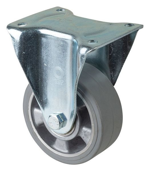 Roulette robuste BS Wheels, roulette fixe, largeur de roue 50 mm, Ø roue 125 mm, capacité de charge 220 kg, bandages élastiques gris, aluminium, roulements à billes, N110.B83.125