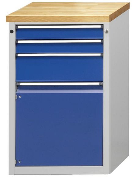 Armoire latérale ANKE; 665 x 650 x 1020 mm; RAL 7035/5010; Plateau en hêtre massif 40 mm; 3 tiroirs 90, 90, 180 mm; 1 porte 540 mm, 600.303