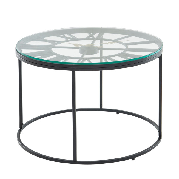 Wohnling table basse verre métal 60x60x43 cm table de canapé noir avec horloge décorative, table de salon design ronde, petite table basse moderne, WL6.688