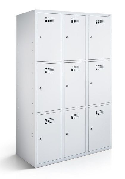 KEMMLIT armoire vestiaire 3 compartiments et 9 portes 30cm avec fond fermé, gris clair 7035, loquet tournant, 100578