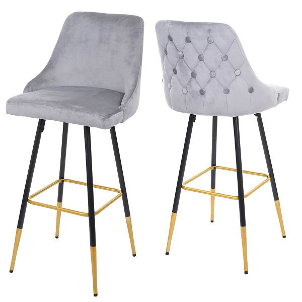 Mendler ensemble de 2 tabourets de bar HWC-E70, tabouret de bar tabouret de comptoir, entretoises/pieds dorés en velours design rétro, gris, 68665