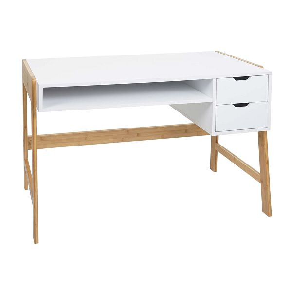 Bureau Mendler HWC-K12, table de bureau, bureau d'ordinateur, table de travail, tiroir, bambou 76x115x58cm, blanc, 86671