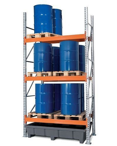 Rayonnage à palettes DENIOS PRP 18.37 pour 6 palettes Euro ou 3 palettes chimiques, 3 niveaux, champ de base, 266-317