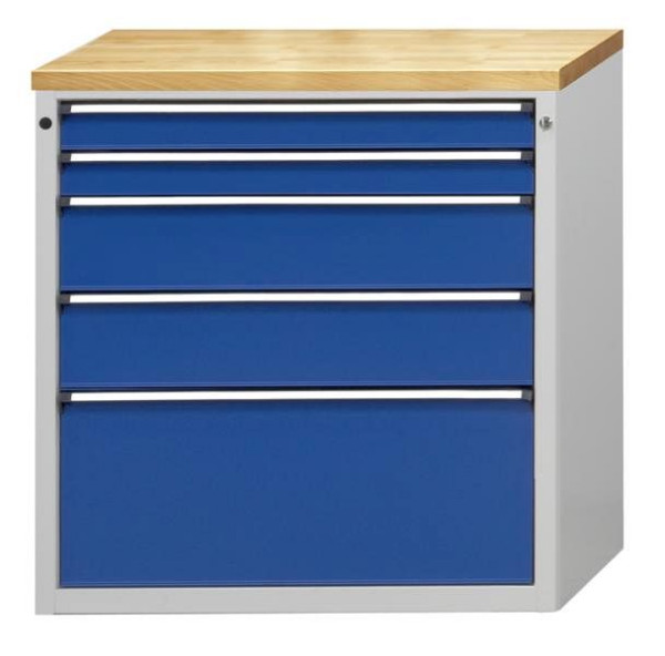 Armoire à tiroirs ANKE; 915 x 700 x 1020 mm; RAL 7035/5010; Plateau en hêtre massif 40 mm; 5 tiroirs 90, 90, 180, 180, 360 mm, 610.217