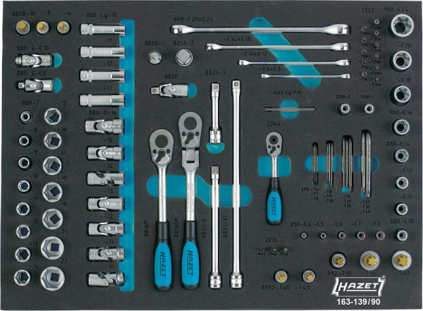 Jeu de clés à douilles HAZET, carré creux 12,5 mm (1/2 pouce), carré creux 10 mm (3/8 pouce), nombre d'outils : 90, 163-139/90