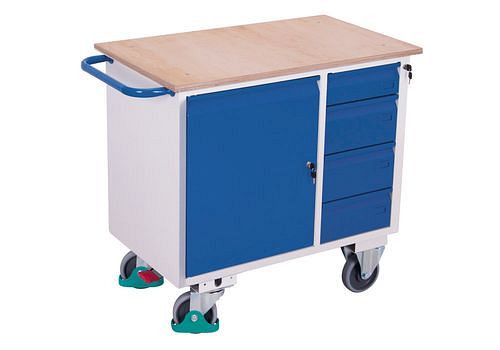 Chariot d'atelier DENIOS classic-line avec porte battante et 4 tiroirs, 271552