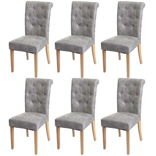 Mendler set de 6 chaises de salle à manger Chesterfield II, chaise de cuisine, rivets, tissu/textile gris clair, pieds légers, 3x82879