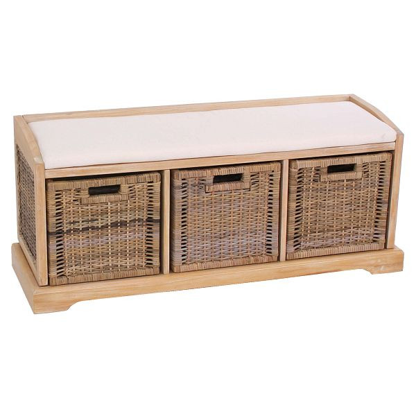 Banc Mendler Bienne, boîte de rangement, 3 paniers, tressage de rotin Kubu, 112x46x37cm, clair, 30810