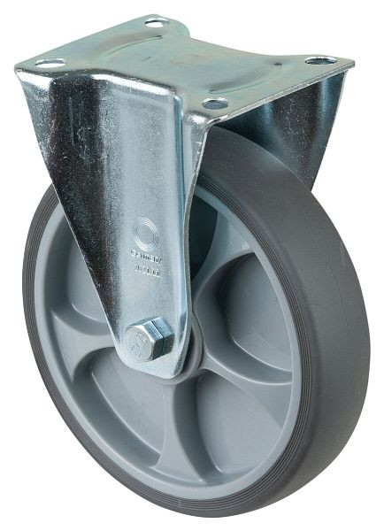 Rouleau de transport BS rollers, rouleau fixe, largeur 45 mm, Ø200 mm, jusqu'à 220 kg, pneus thermoplastiques gris, corps de roue en plastique, roulements à billes, plateau, L410.A85.202