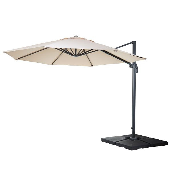 Mendler gastronomy parapluie feu tricolore HWC-A96, parapluie, rond Ø 4m polyester aluminium/acier 27kg, crème avec support, rotatif, 138559+35661+122472