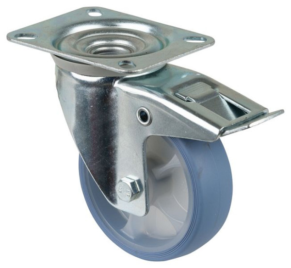 Roulette de transport pivotante BS Rollers avec frein, roue en caoutchouc thermoplastique, pneu bleu clair, roulement à rouleaux, plaque, 100 mm, lot de 4, L420.B44.101.05