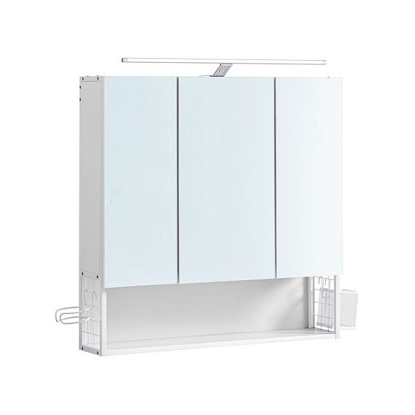VASAGLE Armoire de toilette avec miroir de salle de bain 3 portes avec éclairage et étagère réglable en hauteur, blanc, BBK124W14