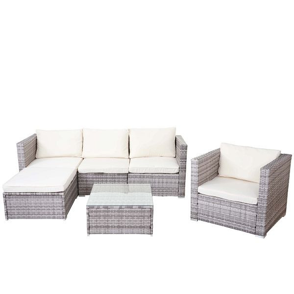Mendler Brescia ensemble de rotin poly, ensemble de jardin, ensemble de salon canapé, gris, coussins crème, 52757+52758+52759