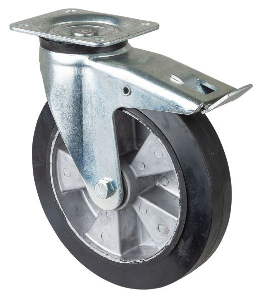 BS Rolls Roulette robuste avec frein, largeur 50 mm, Ø250 mm, jusqu'à 550 kg, bandages élastiques noirs, corps de roue en aluminium, roulements à billes, L620.B80.250